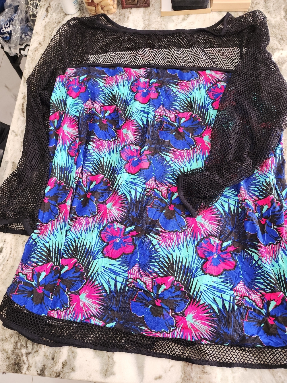 Sophie Theallet Black Mesh Tropical Floral Swim Coverup with Blue & Pink